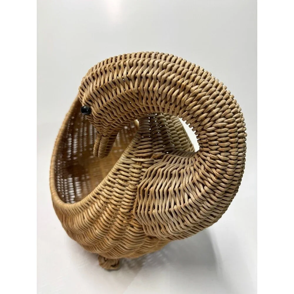 Vintage Wicker Rattan Swan Goose Basket Handwoven Bird Cottage Boho Decor